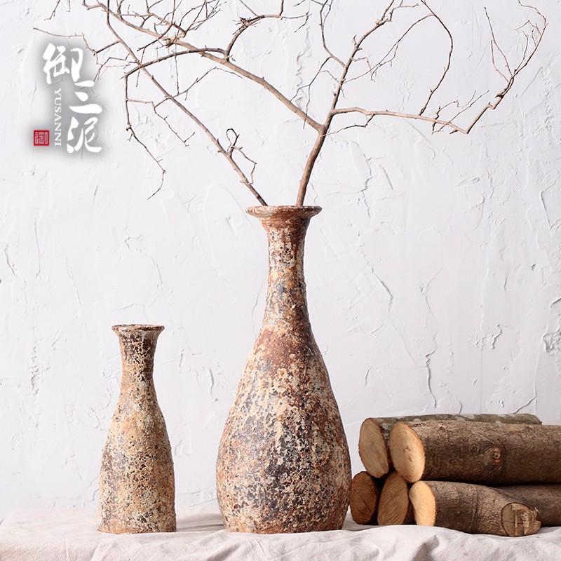 复古粗陶泥陶罐可水培花瓶插干花装饰摆件茶室田园陶艺手工小口