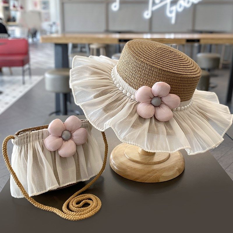 夏天亲子女孩草帽夏季女宝大檐遮阳出游沙滩防晒公主渔夫小女孩包