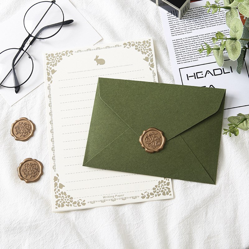 牛油果绿信封信纸套装橄榄墨绿生日祝福贺卡请柬古风情书火漆信封