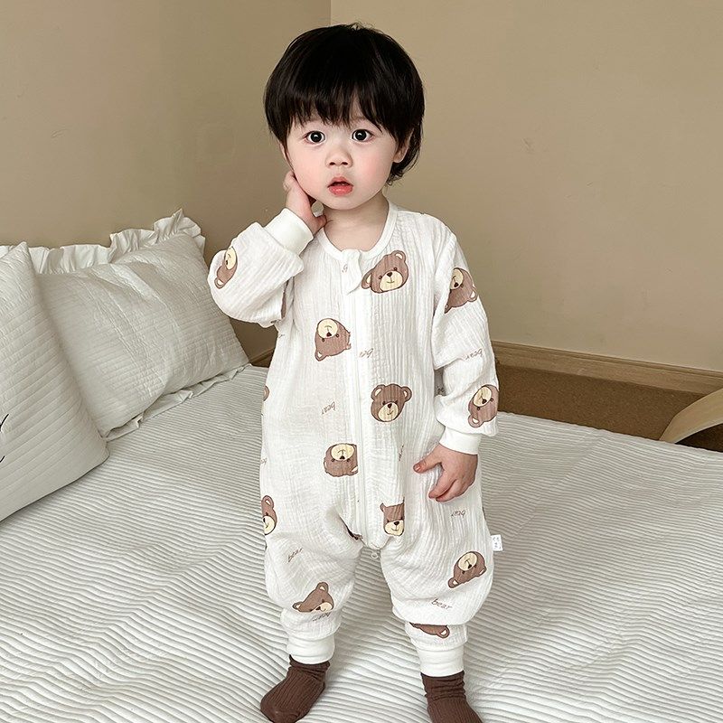 儿童睡衣连体春夏款男女宝宝长袖空调服A类婴儿纯棉纱布睡袋薄款