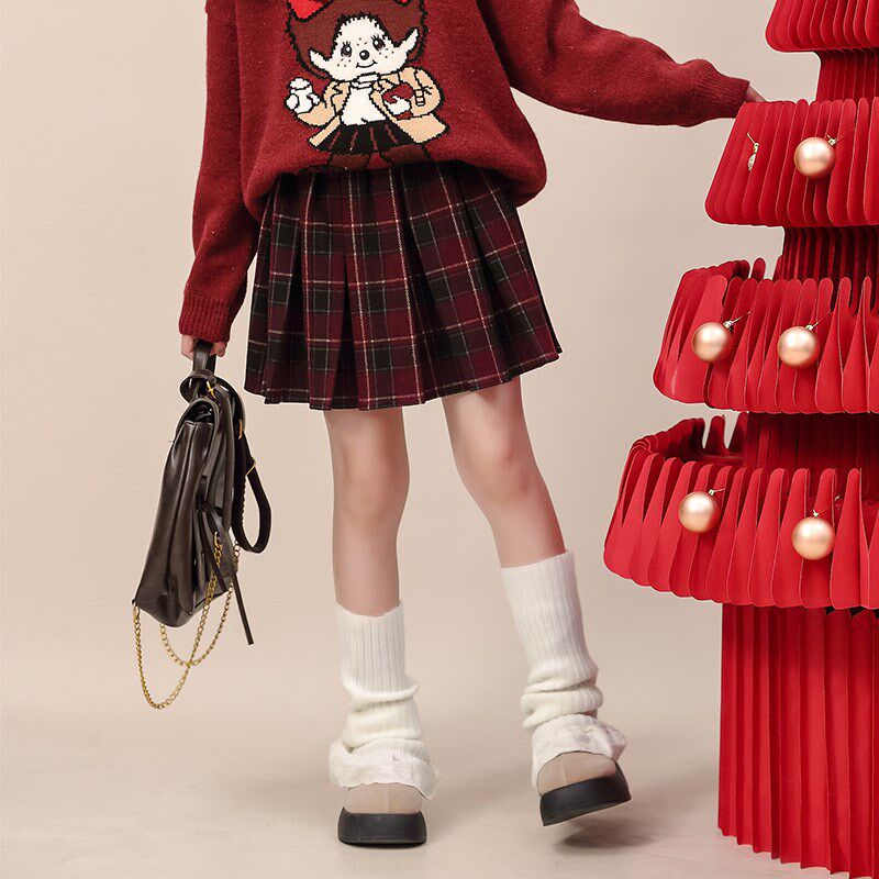 女童百褶裙半身裙秋冬中大童红色毛呢短裙格子裙儿童圣诞公主裙子