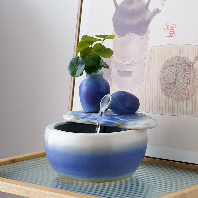 财源滚滚小型流水摆件循环水生财陶瓷桌面装饰客厅玄关古法鱼缸