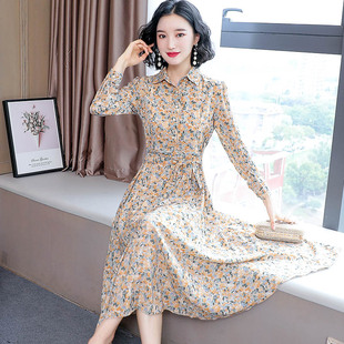 长袖雪纺连衣裙女秋冬装显瘦收腰绑带气质长款大码方领碎花衬衫裙