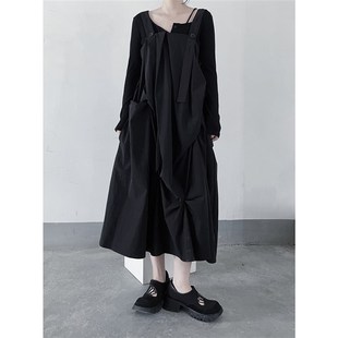 浮木兮/山本暗黑风 小众捏褶设计感可调节背带裙宽松连衣裙女