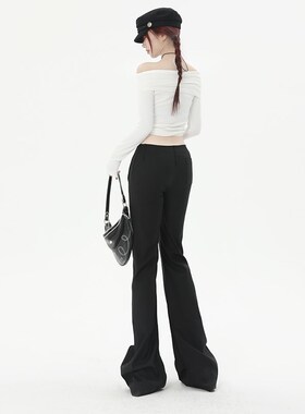 KRO黑色复古低腰休闲西装裤女2023新款设计感显瘦百搭微喇叭长裤