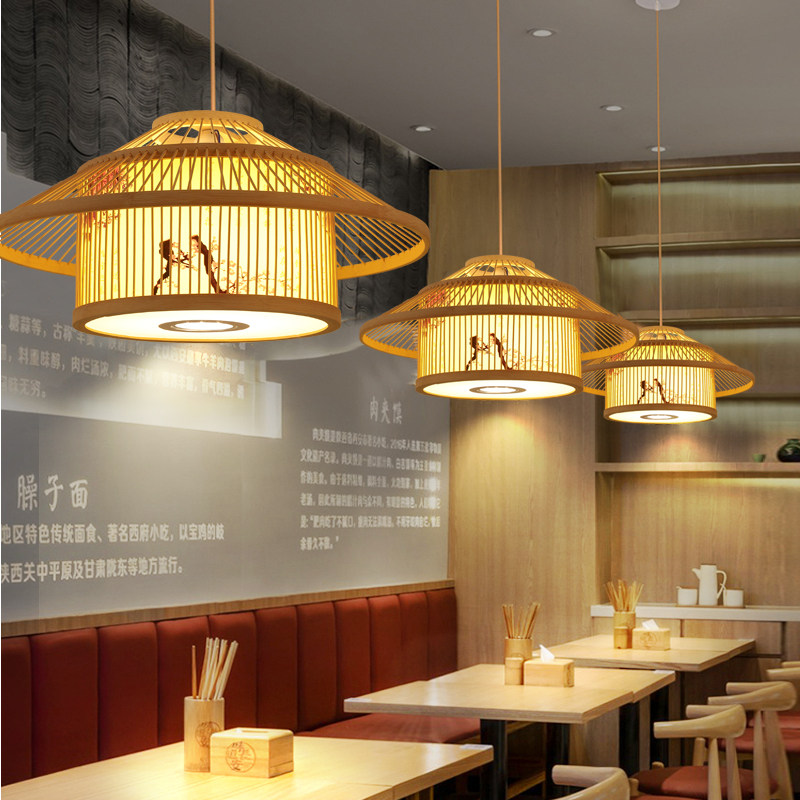 新中式竹编灯罩饭厅烧烤店灯具饭店民宿火锅店商用餐饮带射灯吊灯
