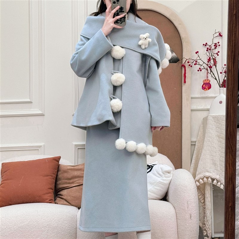 织物猪 球球芝士 新年秋冬蓝色毛呢外套女小个子可爱甜美风套装