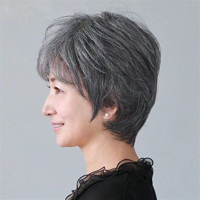 女士自然白发短直发套 花白混合全真发 中老年女性假发整顶