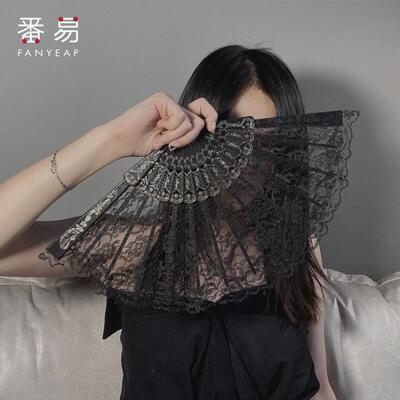 折扇a1zo801 -扇古风中国风汉代照片旗袍夏季蕾丝随身舞者黑色