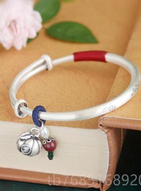 高档银雅梅银手镯女999纯梅花实心哑光足银镯子女文艺复古年轻款