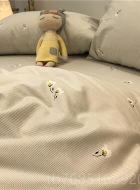 高档灰色细条纹日式小碎花四纯件套全棉棉简约1女.m5田园风耐脏少