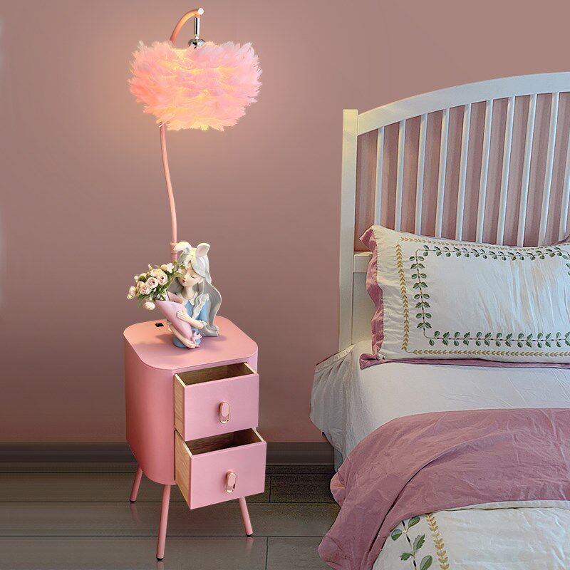 奶油风羽毛落地灯少女心卧室床头柜台灯一体置物架客厅智能氛围灯