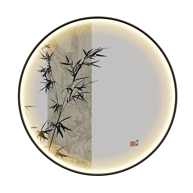 中式圆形装饰画入户玄关LED发光画禅意茶室书房竹子松树带灯挂画