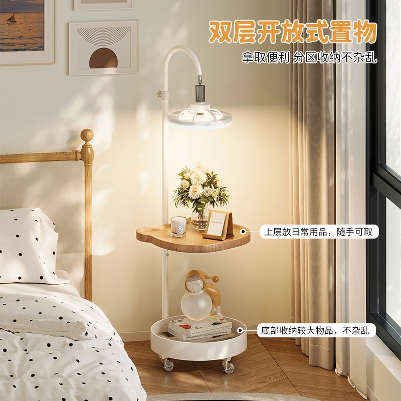 小型带灯床头柜一体床头置物架落地台灯创意卧室收纳可移动小边几