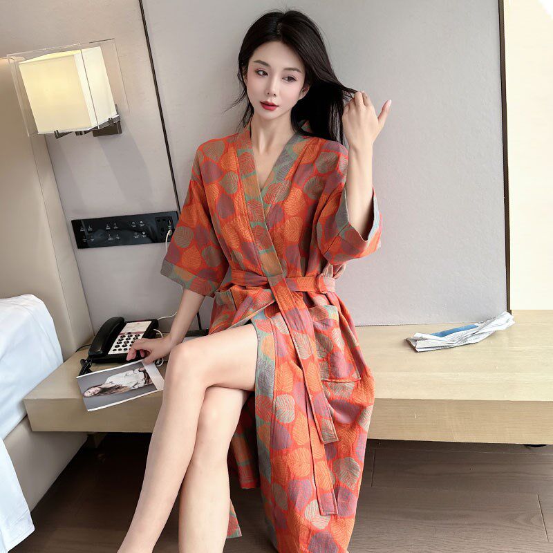 胖mm200斤大码浴袍夏季薄款v领开衫棉纱睡袍纯棉长款家居裙睡衣女