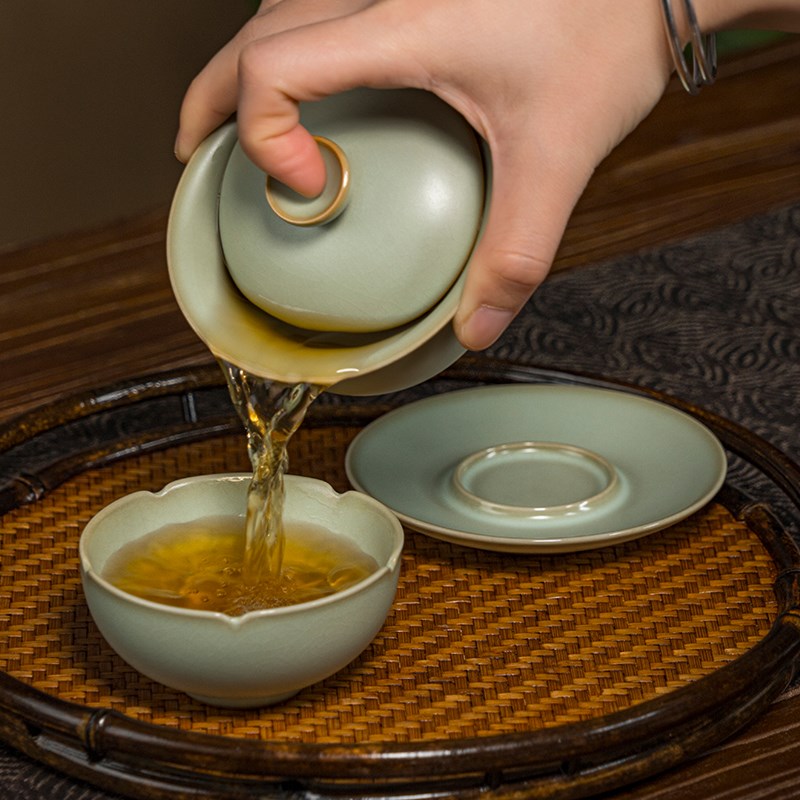 汝窑三才盖碗主人杯套装汝瓷茶杯开片景德镇陶瓷冰裂釉礼盒装家用