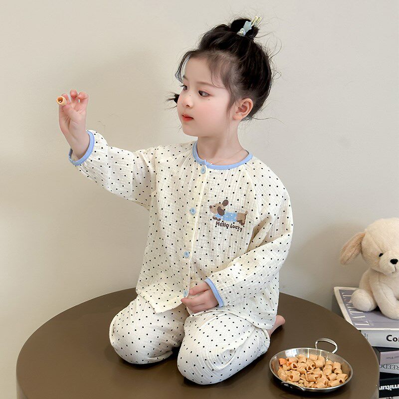 女童纱布睡衣春秋2025新款女孩宝宝纯棉长袖家居服儿童春款空调服