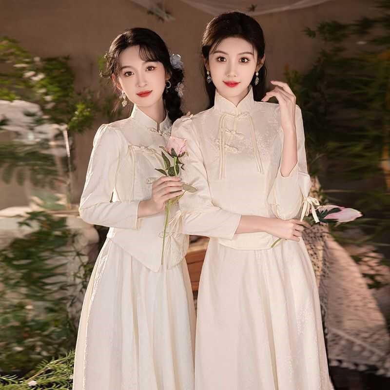 新中式伴娘服2024新款香槟色高级感姐妹团礼服裙修身显瘦小个子