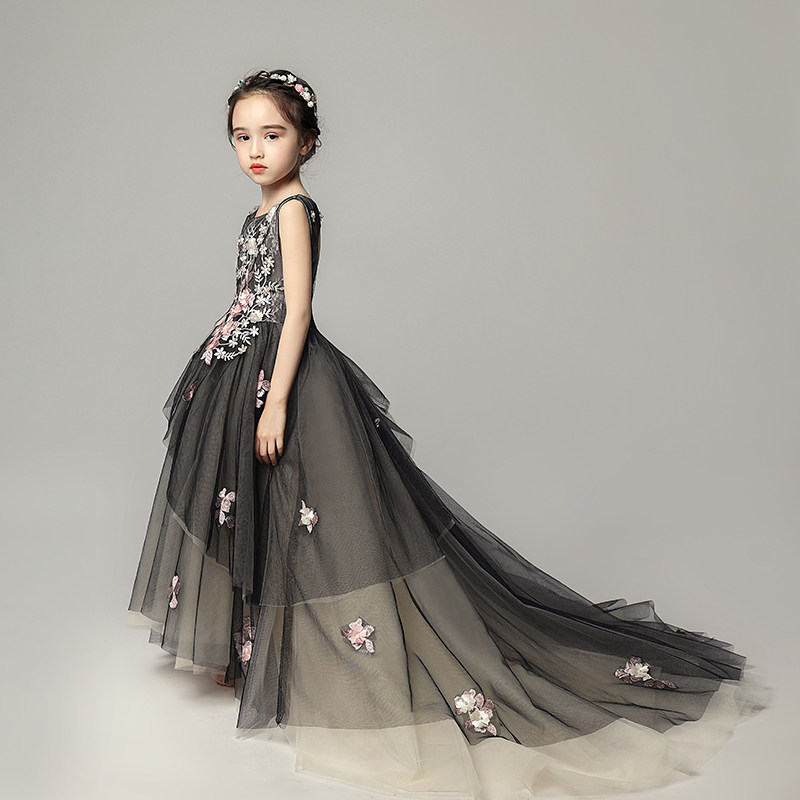 儿童婚纱裙拖尾晚礼服女童公主裙蓬蓬纱黑色模特走秀钢琴表演服冬
