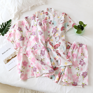 纯棉纱布和服睡衣女夏季 短裤 日式 薄短袖 大码 全棉家居服汗蒸服套装