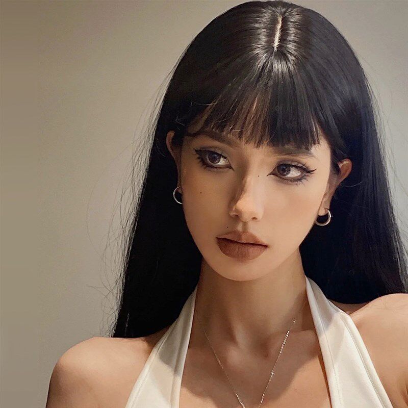 假发女长发全头套黑长直发整顶网红自然JK女团lolita空气刘海黑色