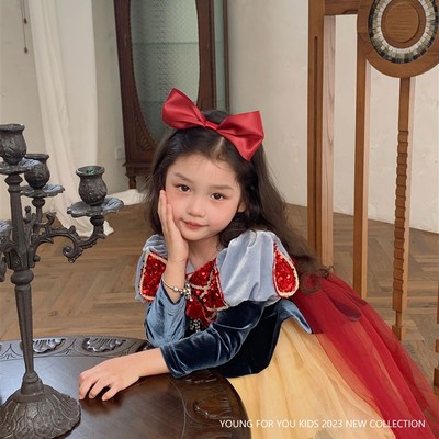 YFY女童白雪公主连衣裙秋冬公主裙发光披风儿童生日礼服长裙长袖