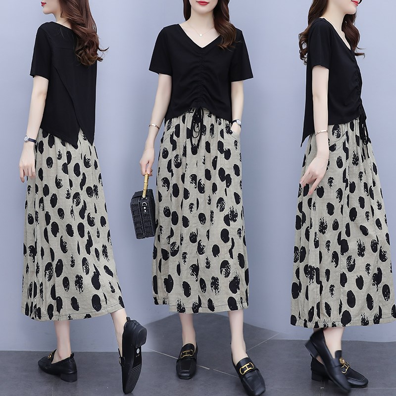 大码女装中长款连衣裙女2024年夏装时尚套装裙新款短袖裤子两件套