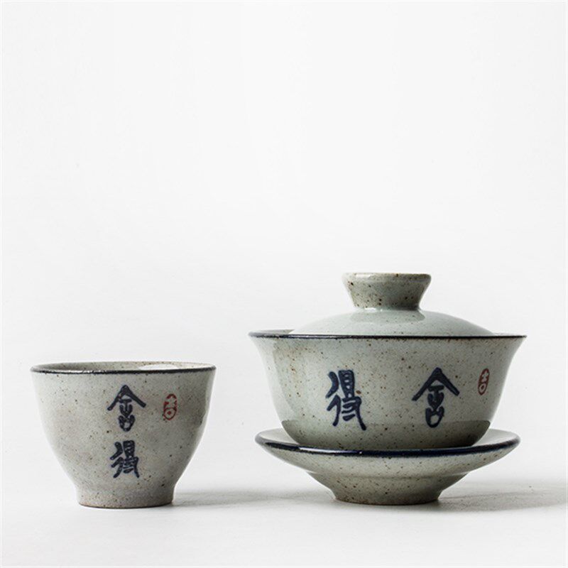 陶瓷三才盖碗景德镇复古手绘茶碗中式仿古粗陶功夫茶具泡茶器包邮