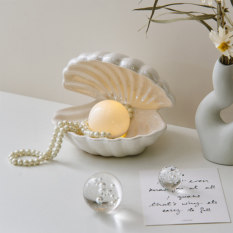 法式奶油风装饰贝壳小夜灯牀头柜桌面摆件卧室珍珠项链收纳首饰盒,家居饰品,装饰摆件,淘宝优惠券,粉丝福利购,淘宝优惠卷