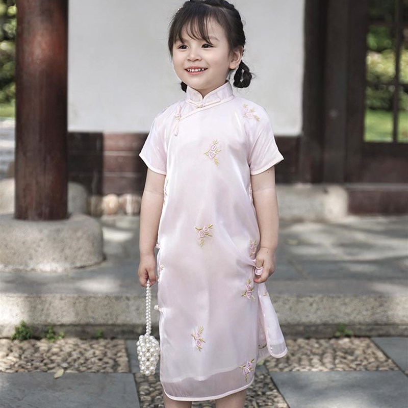 春夏儿童连衣裙改良旗袍宝宝粉色甜美公主民国风格唐装汉服手工扣