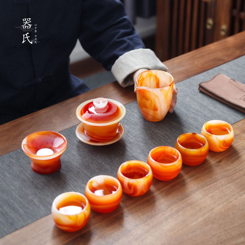器氏琉璃茶具套装红玉功夫茶杯家用客厅高档盖碗泡茶办公室礼盒装