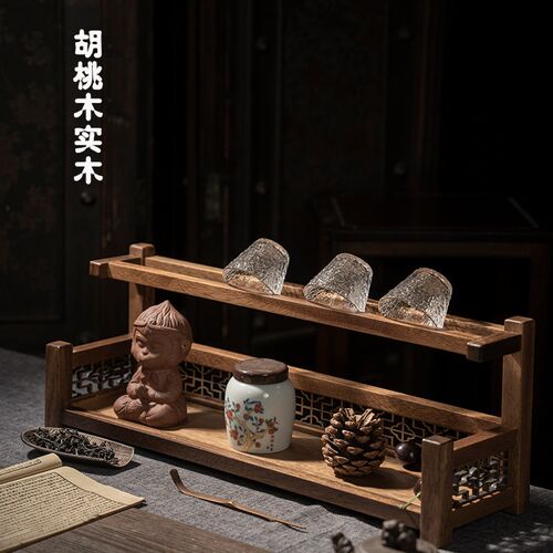 胡桃木实木桌面多层置物架茶具收纳架茶杯托茶壶木质博古架多宝阁