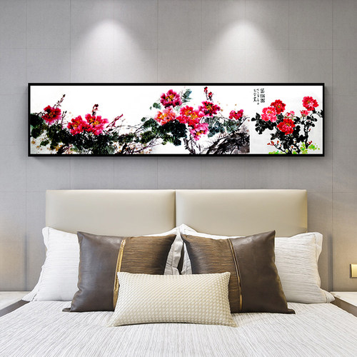 新中式花鸟卧室装饰画横版单幅大气床头挂画客厅餐厅背景墙上壁画
