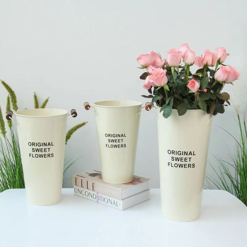 欧式网红大花瓶米色木把提手铁皮花桶客厅酒店落地醒花桶花店专用,家居饰品,花瓶,淘宝优惠券,粉丝福利购,淘宝优惠卷