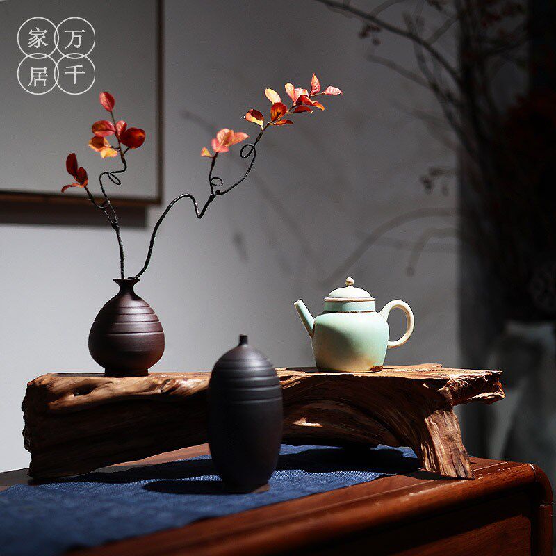 新中式陶瓷花瓶摆件家居玄关禅意博古架茶室柏木实木电视柜装饰品