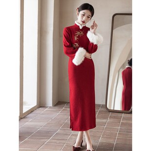 红色旗袍敬酒服新娘结婚订婚礼秋冬季倒大袖新中式加绒加厚小个子