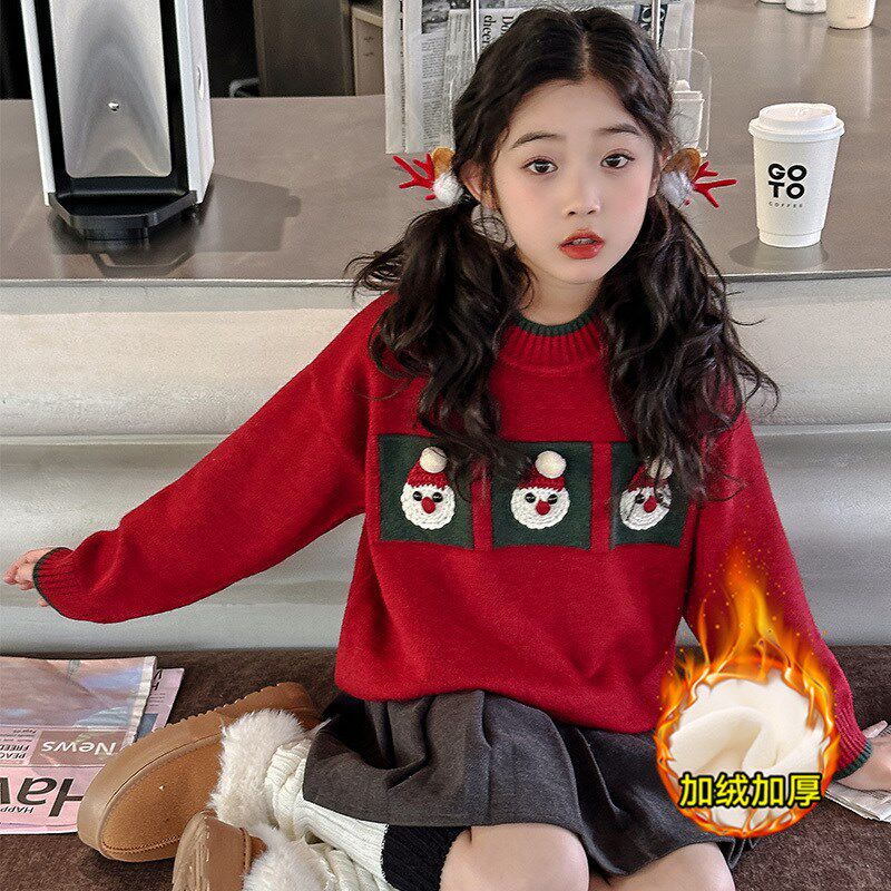 女童连衣裙秋冬款中大童冬装加绒加厚毛衣女孩红色过年套装裙子