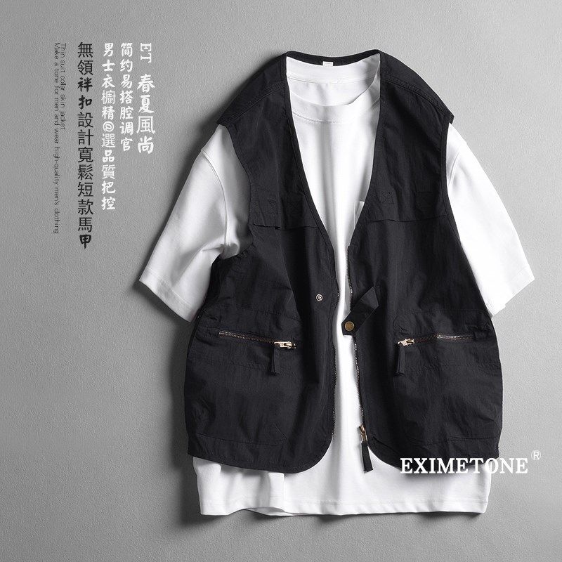 男士V领工装马甲2025夏季薄款宽松休闲钓鱼背心登山马夹无袖外套