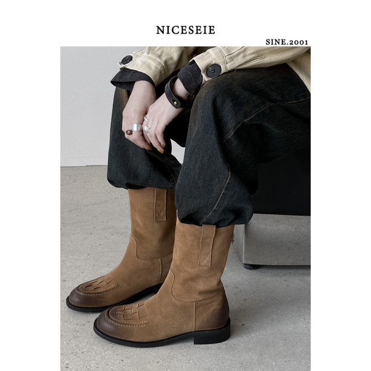 NICESEIE_小众编织翻毛皮一脚蹬骑士靴复古做旧粗跟中筒马丁靴