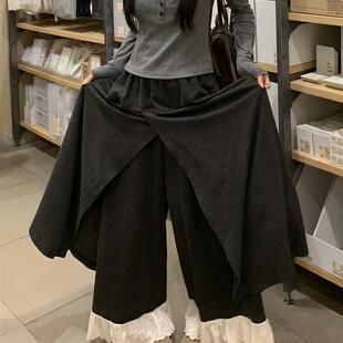 正品高货假两件糯米裙裤女秋冬胖mm小个子慵懒垂感蕾丝拼接毛呢梧
