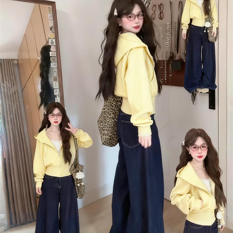 正品高货黄色正肩短款卫衣