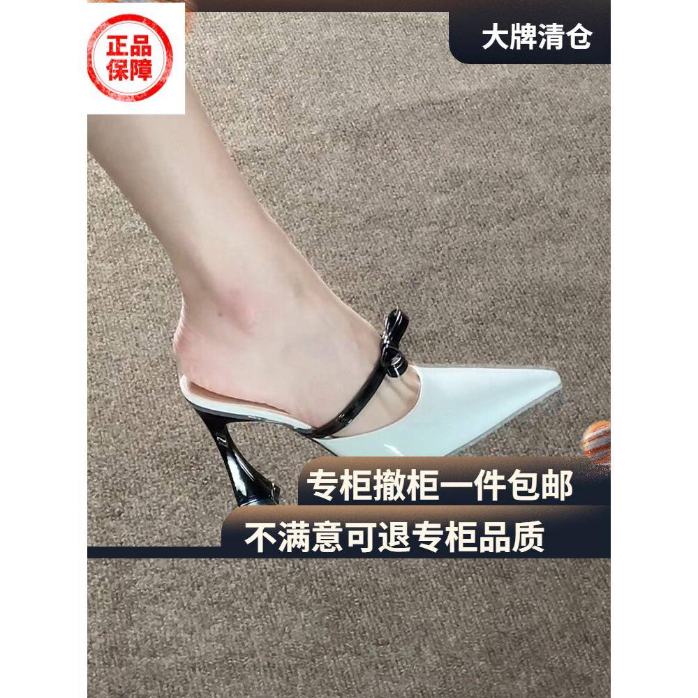 白色高跟凉鞋GGGK 米白色马蹄跟蝴蝶结凉拖鞋女夏季外穿后空