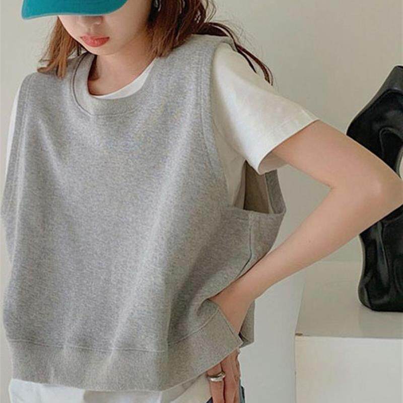 高货秋秋灰色短款纯棉马甲背心女设计感小众卫衣坎肩马夹叠穿无袖