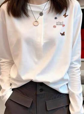 正品高货白色纯棉长袖t恤女士春秋新款纽扣内搭打底衫独特漂亮chi