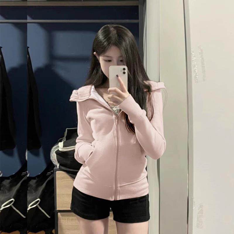 正品高货外套女款短款收腰春季穿搭修身连帽开春上衣紧身粉色卫衣