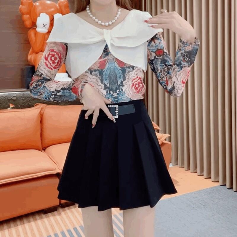 正品高货时髦蕾丝碎花t恤打底衫女减龄洋气蝴蝶结披肩修身显瘦圆