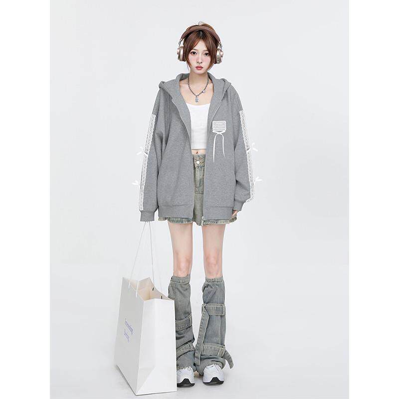 正品高货灰色连帽薄款卫衣开衫女春秋2025新款韩系穿搭独特超好看