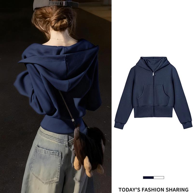 正品高货藏青色短款卫衣外