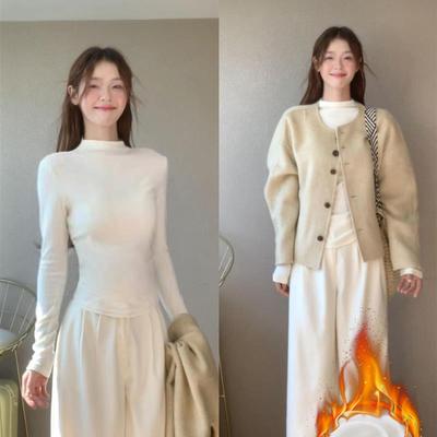 正品高货白色小香风加绒内搭打底衫女秋冬季2025新款高领加厚长袖