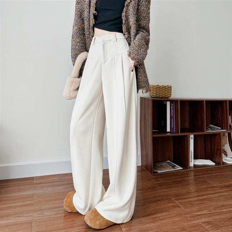 正品高货白色加绒加厚弯刀裤女秋冬高腰羊毛西装裤垂感拖地休闲毛